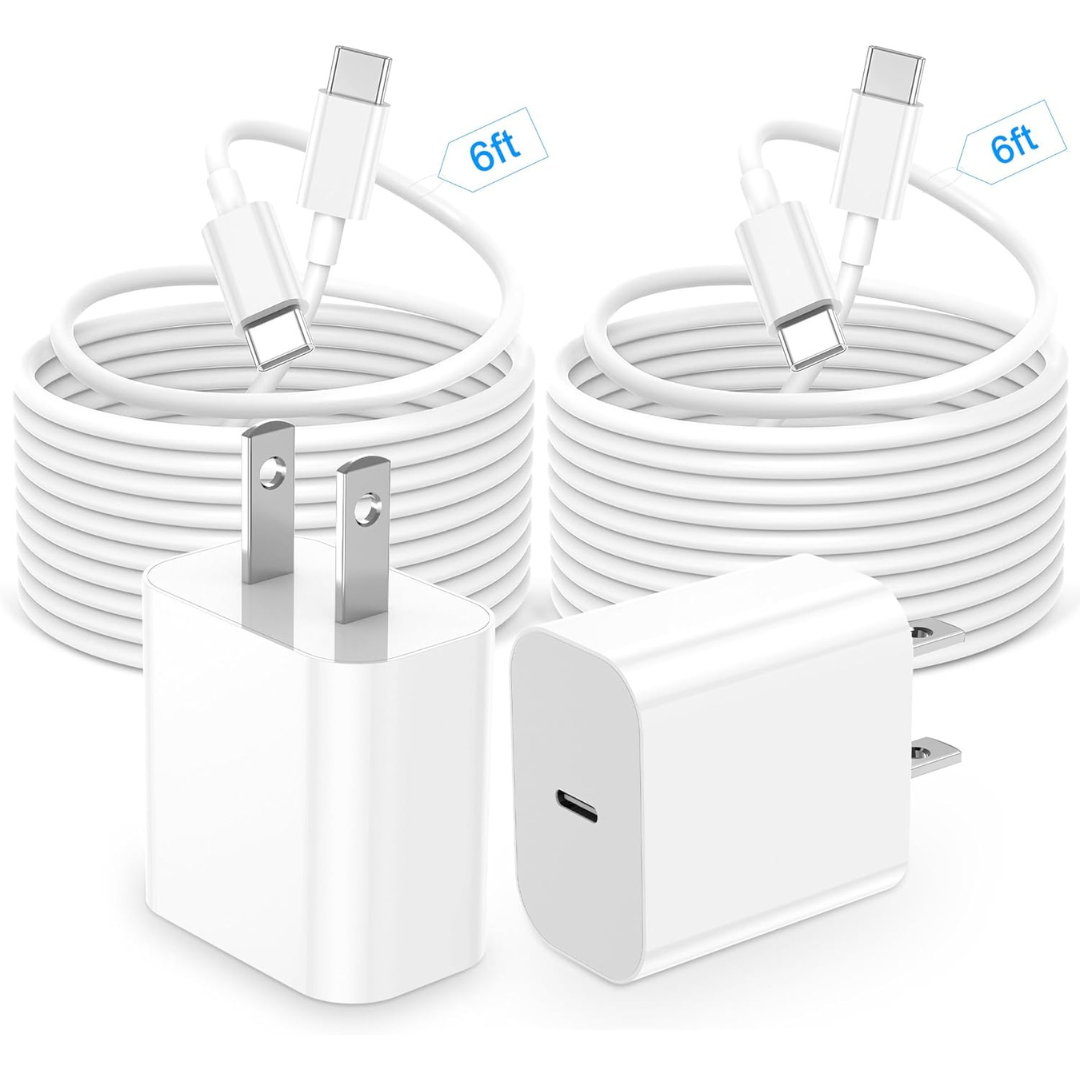 2-Pack 20W USB C Fast Charger with 6ft Long USB C to C Cable