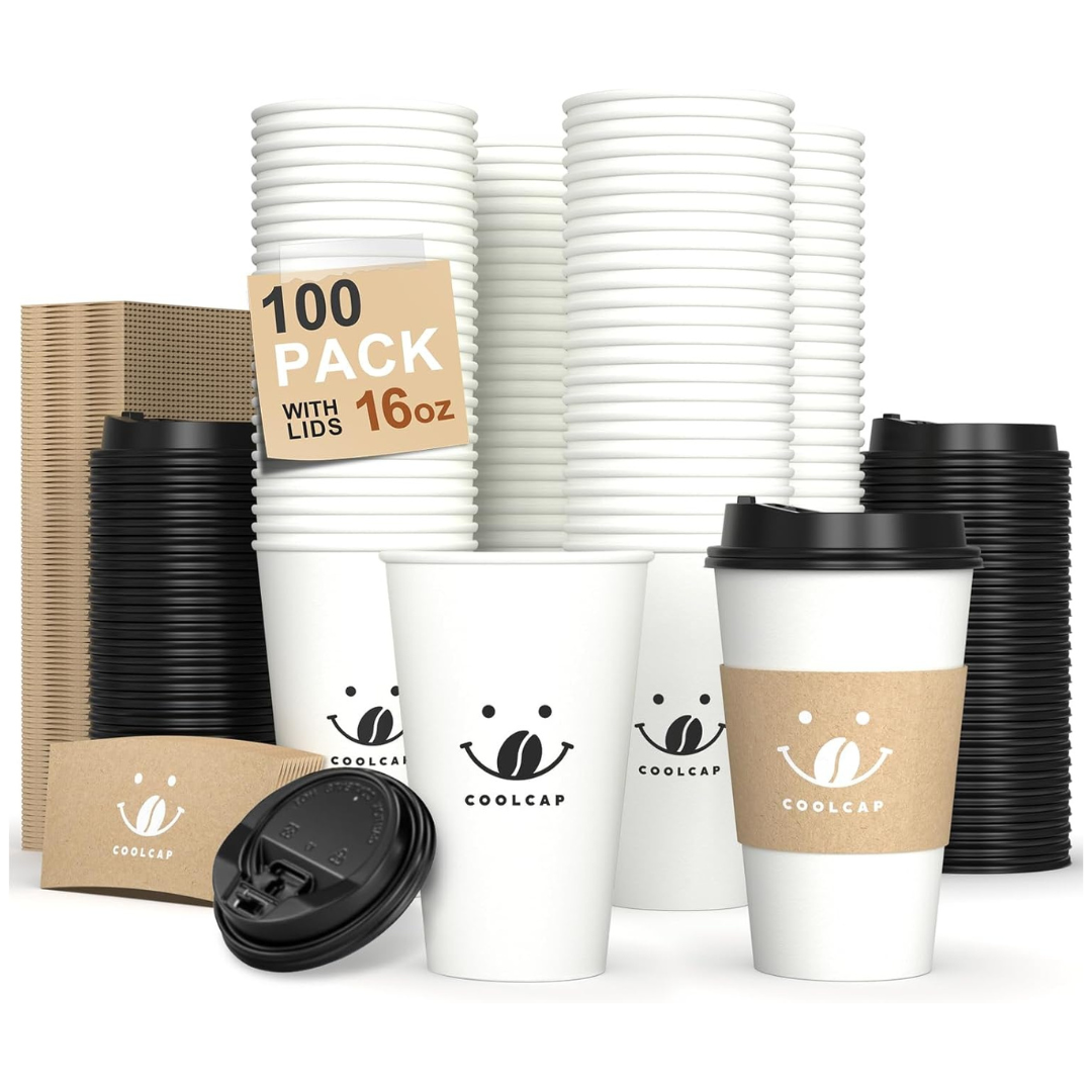 100-Pack 16-Oz Disposable To Go Coffee Cups with Lids