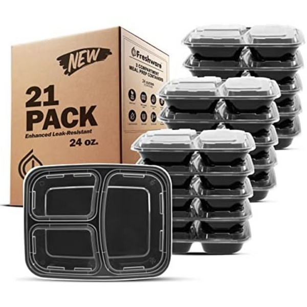 21-Pack Freshware 3 Compartment Meal Prep Containers with Lids