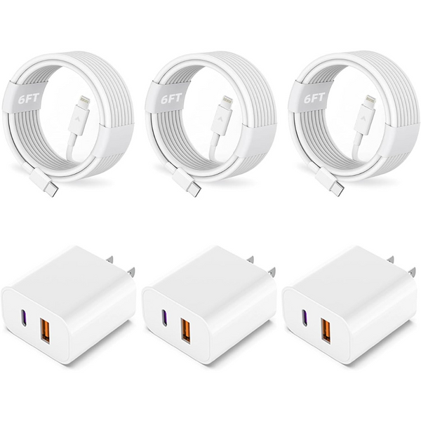 3-Pack 20W PD USB-C+QC3.0 USB-A Dual Port Wall Charger with 6ft Cable