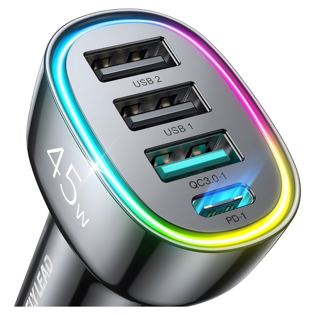 2-Pack 45W 4 Ports PD3.0 & QC3.0 30W Super Fast USB-C & USB-A Car Charger