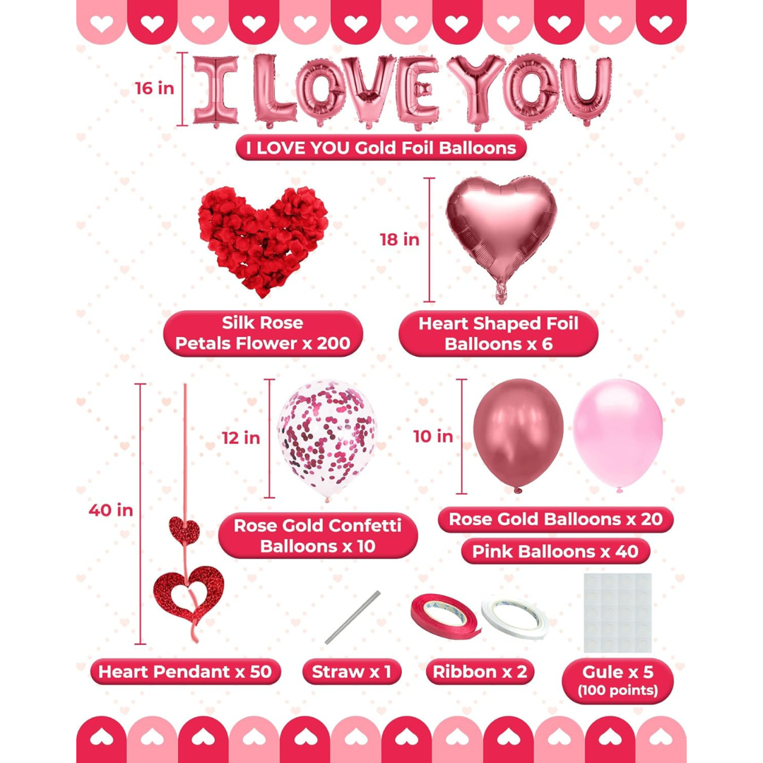 Valentines Day Balloons Kit with Rose Gold Pink Heart Balloons