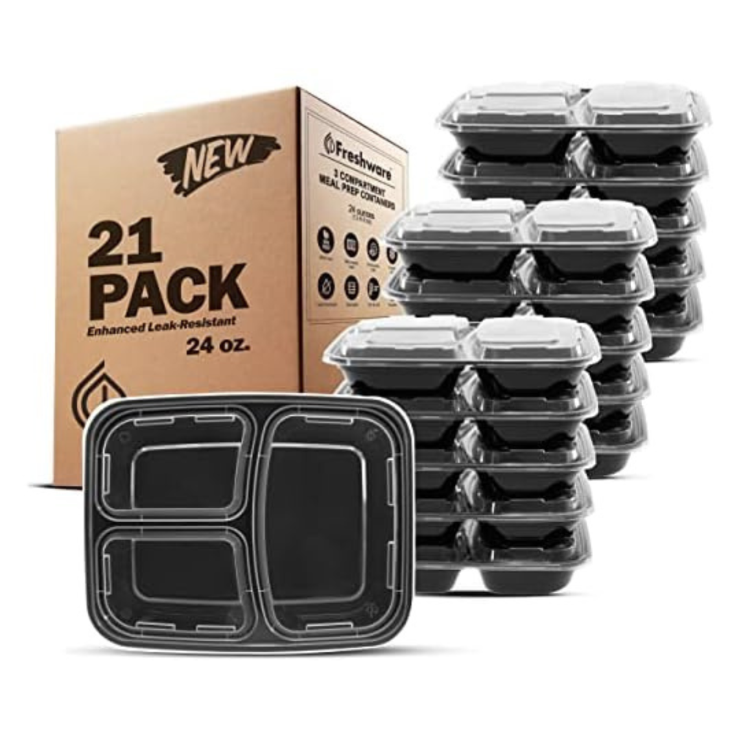 21-Pack Freshware Meal Prep Containers With 3 Compartment & Lids, 24 Oz