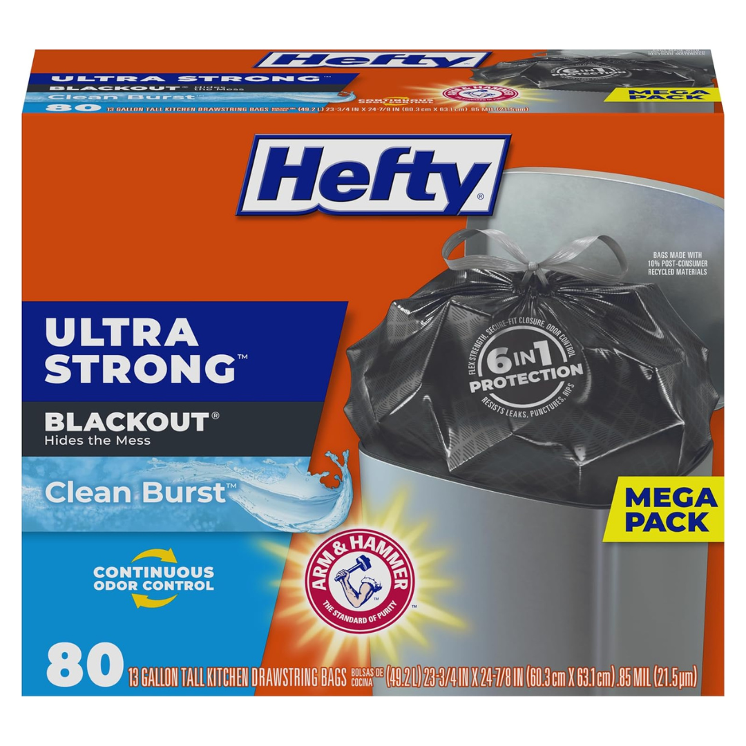 Hefty Ultra Strong 13 Gallon Trash Bags, Clean Burst Scent (80 Bags)