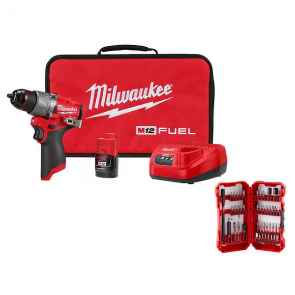 Milwaukee M12 FUEL 12-Volt Li-Ion Brushless Cordless 1/2 In. Hammer Drill Kit With CP 2.0Ah Battery, Charger & Bit Set (45-Piece)