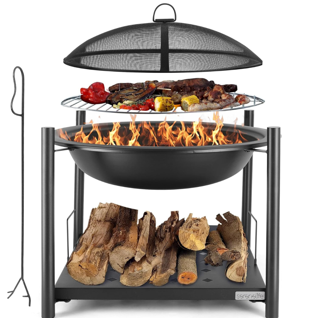 SereneLife 2-in-1 Portable Steel BBQ Grill 26" Wood Burning Fire Pit Bowl