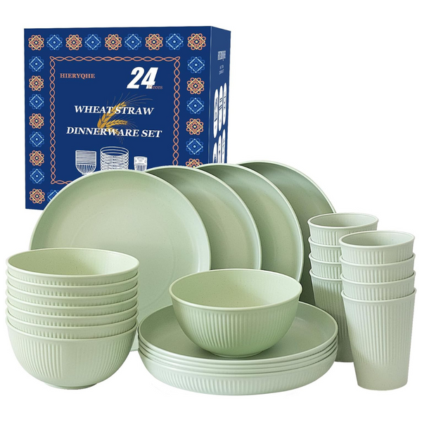 24-Piece Wheat Straw Plates, Bowls & Cups Dinnerware Sets