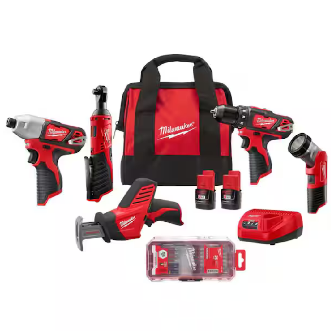 25-Piece Milwaukee M12 12-Volt Lithium-Ion Cordless 5-Tool Combo Kit