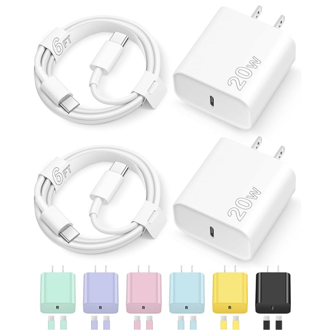 2-Pack 20W USB-C Wall Charger Adapter W/ 6-Ft USB-C To Lightning Cable