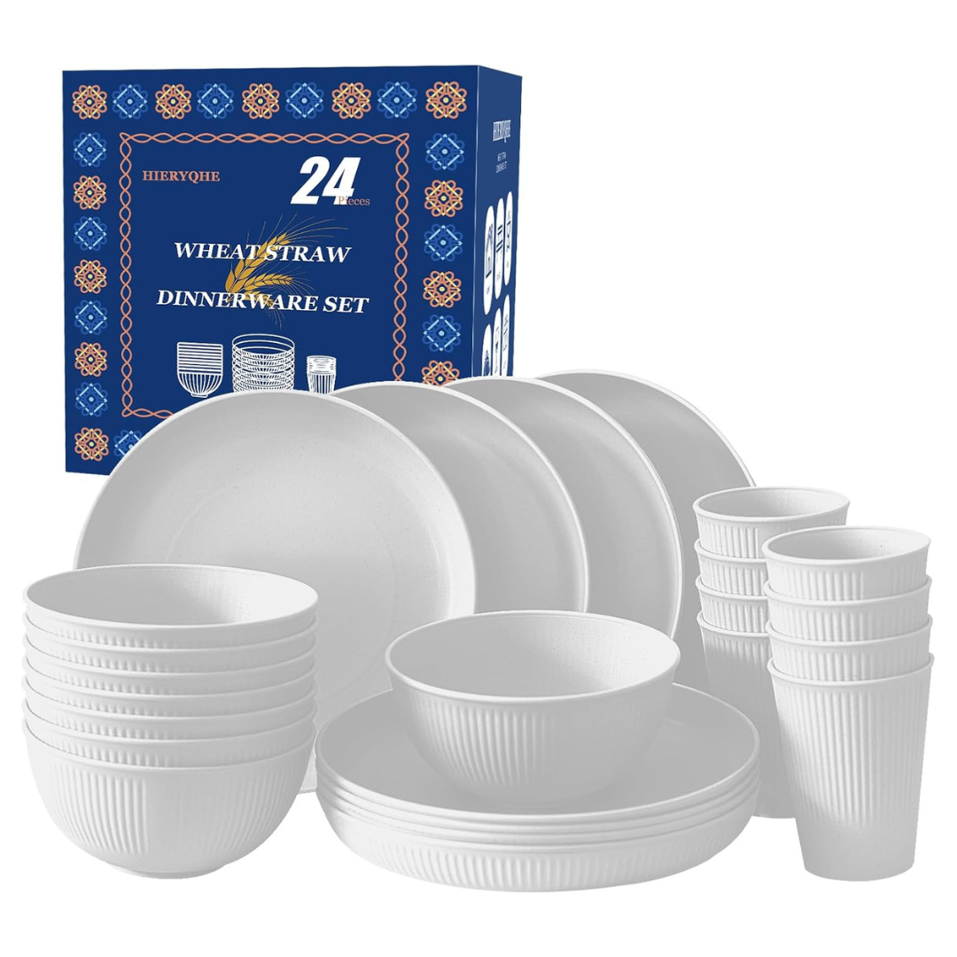 24-Piece Unbreakable Wheat Straw Dinnerware Set (Various Colors)