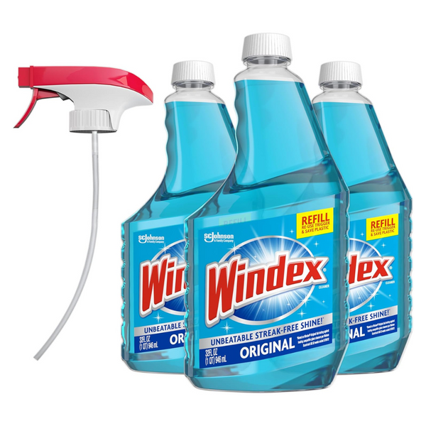 Windex Refill Original Window Cleaner Bottles + 1 Reusable Spray Trigger (32 Fl Oz, Pack Of 3)