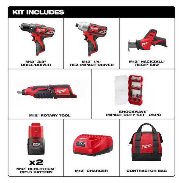 Milwaukee M12 12V Lithium-Ion Cordless 4-Tool Combo Kit with SHOCKWAVE Bit Set