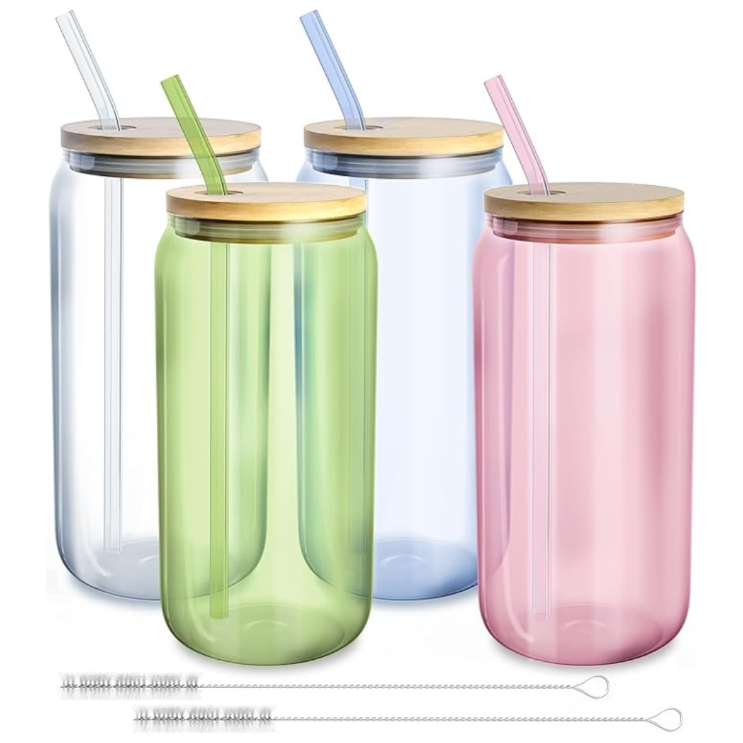 4-Pack fullstar 16oz Drinking Glasses With Bamboo Lids