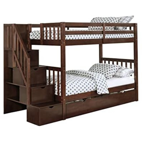 Linon Walnut Twin Kieko Stairway Bunk Bed With Hidden Storage Compartments