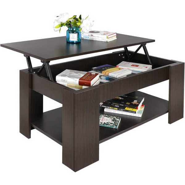 Modern Lift Top Coffee Table w/Hidden Compartment and Storage Shelves