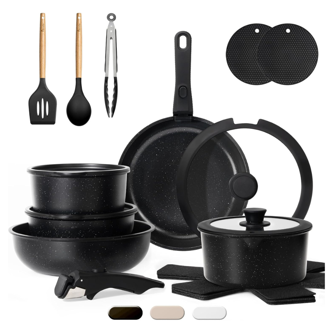 20-Piece Kikcoin Non Stick Cookware Sets With Detachable Handle