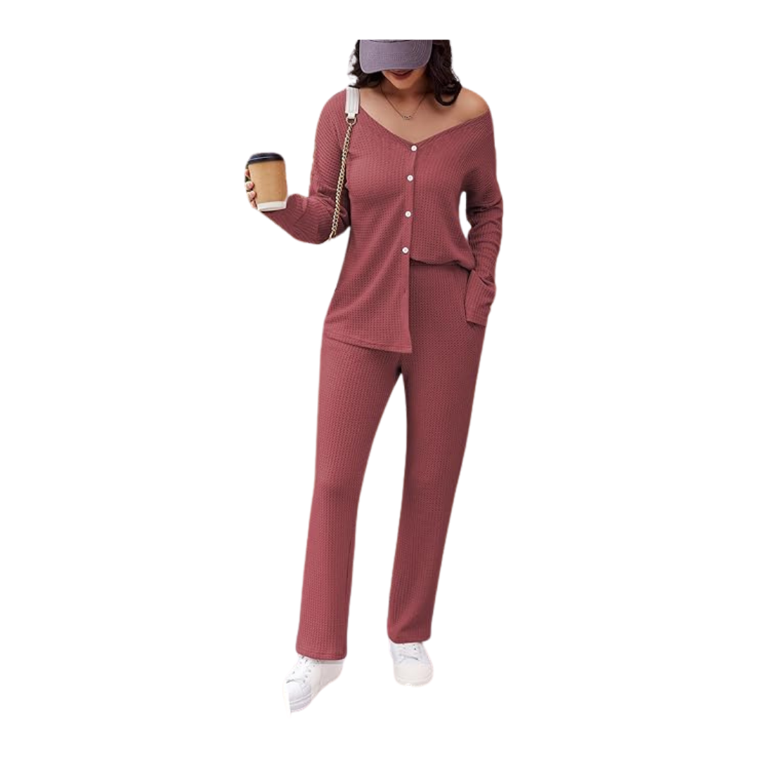 Ekouaer Women's Waffle Button Down Pajamas Set