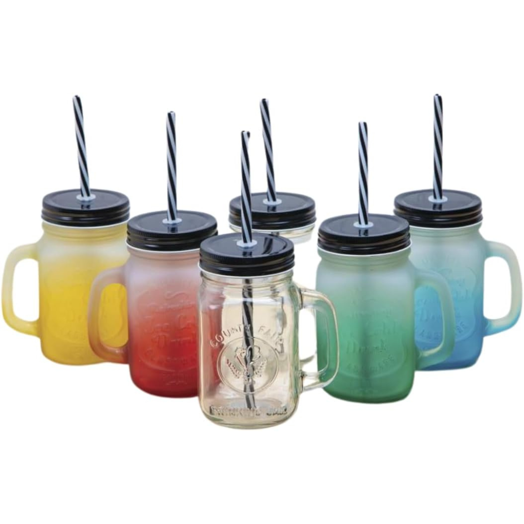 6-Pack Designer Mason Jars with Lids and Straw