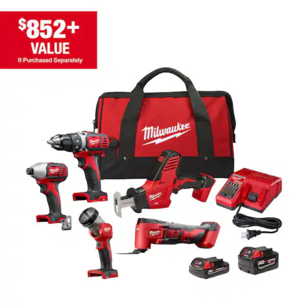 Milwaukee M18 18V Lithium-Ion Cordless Combo Kit (5-Tool) with (2) Batteries, Charger and Tool Bag