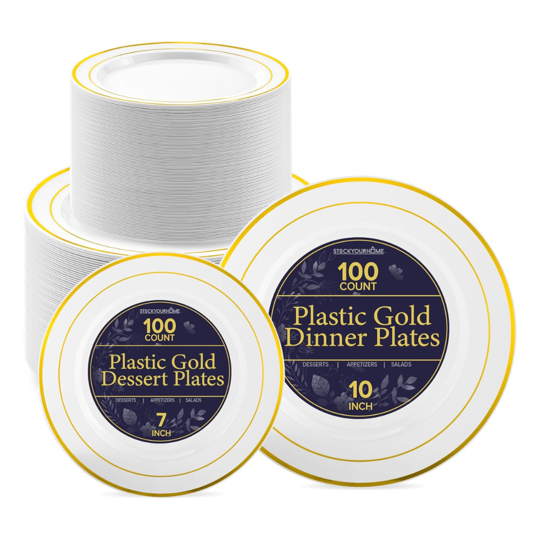 200-Piece Gold Rimmed Disposable Plastic Plates