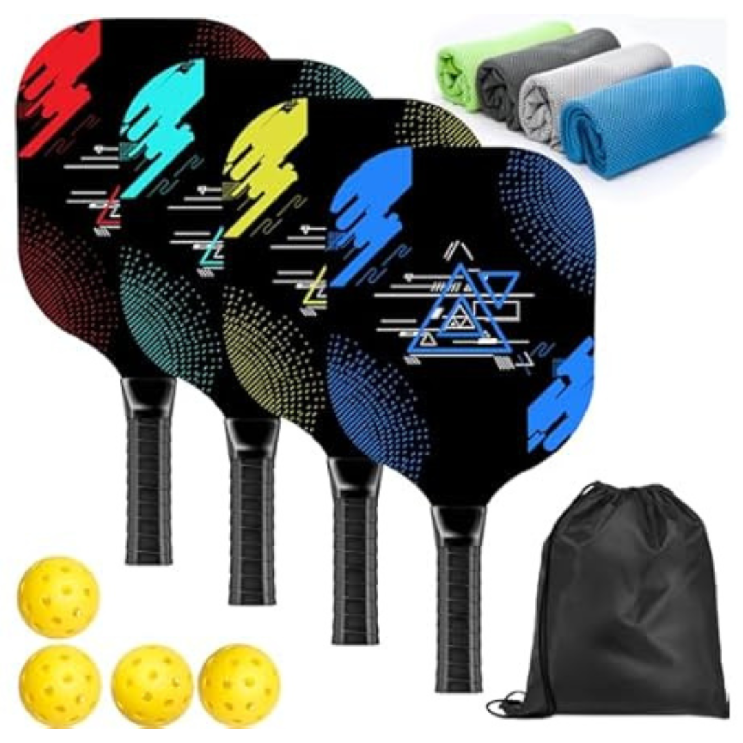 4-Pack Premium Wood Cushion Comfort Grip Paddles Pickleball Set