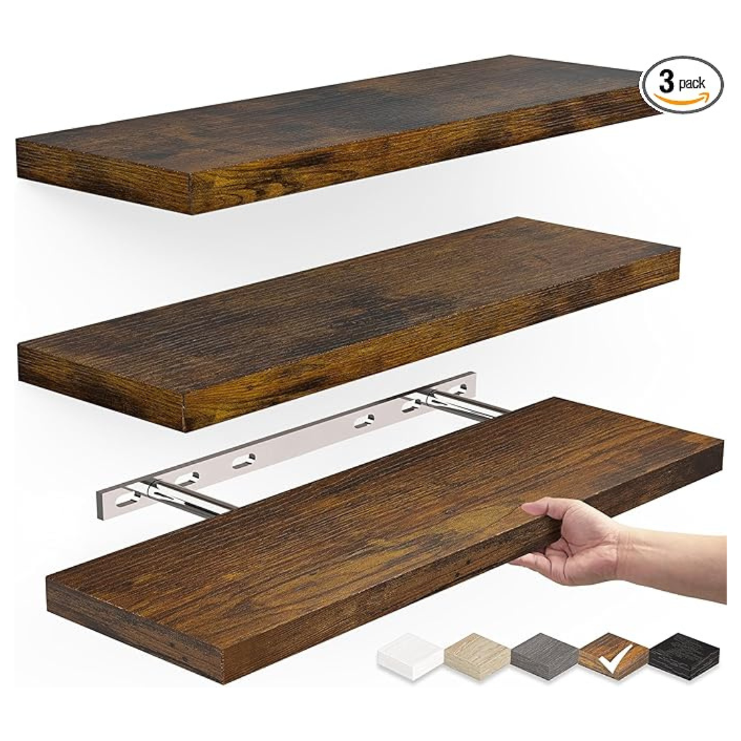 Set Of 3 Bayka Wall Mounted Floating Wood Shelves