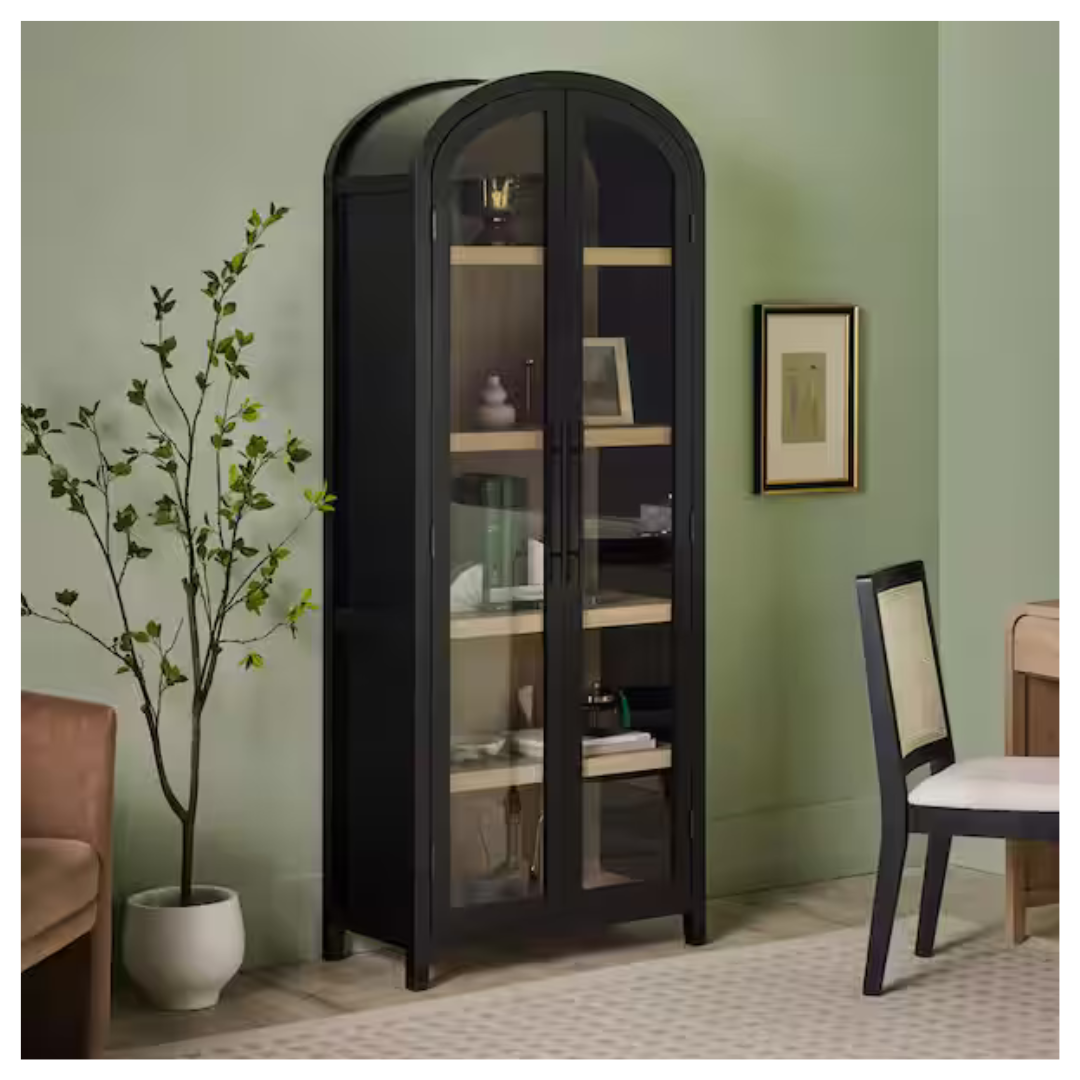 Welwick Designs Arched 76 in. Tall Black Wood 5-Shelf Bookcase With Full-Length Glass Doors