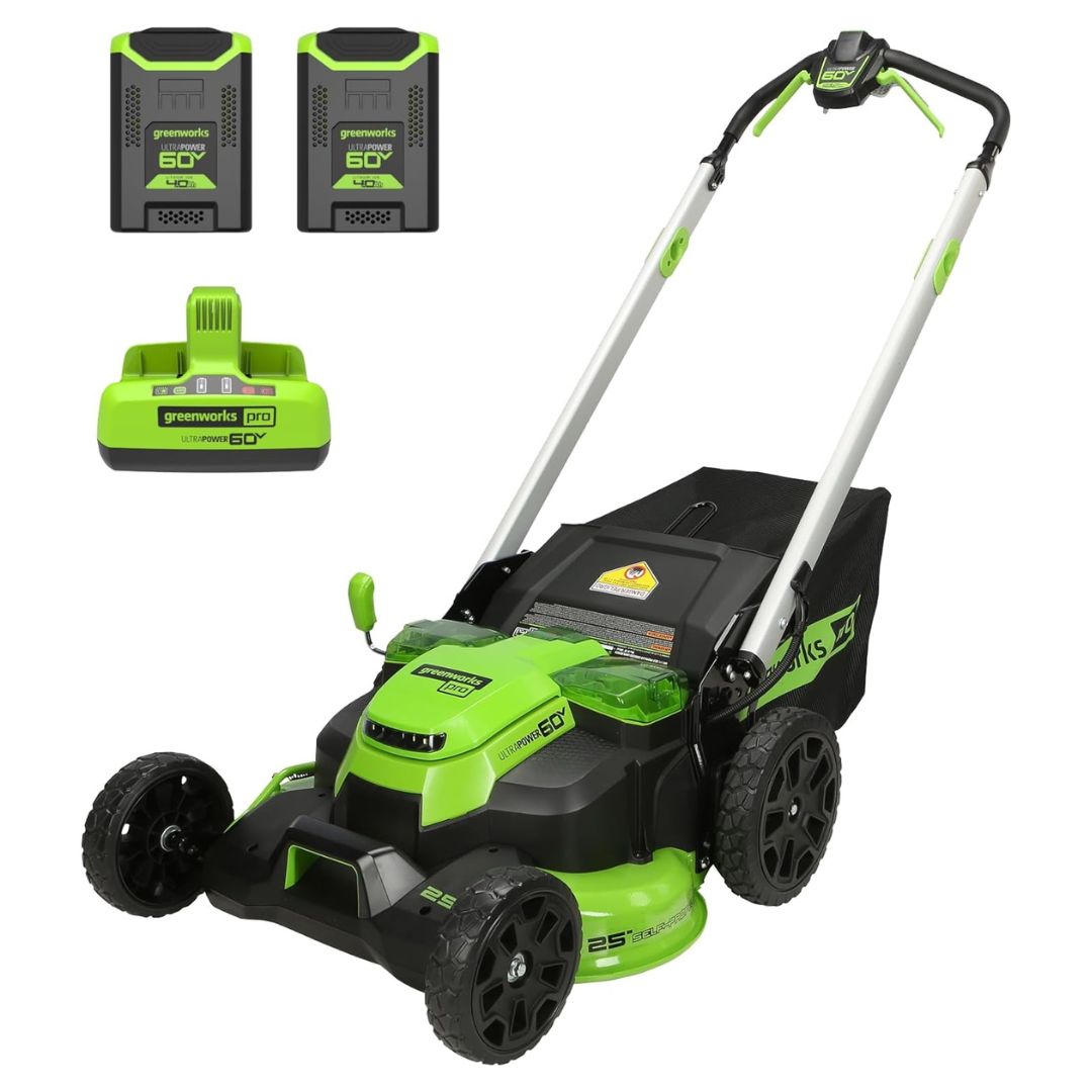 Greenworks 60V 25" Cordless Lawn Mower W/ 2 x 4.0Ah Batteries & Charger