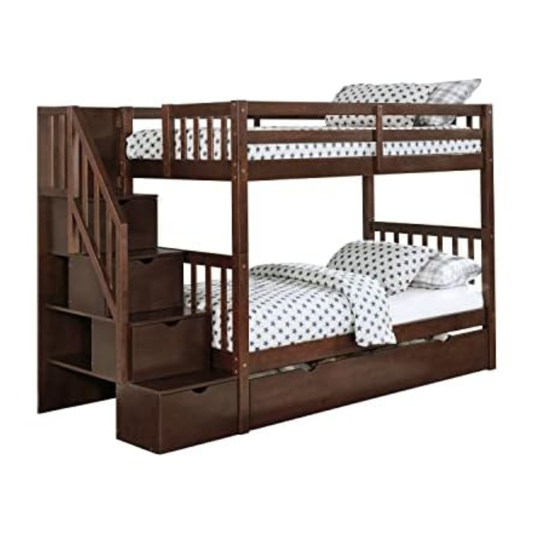 Linon Walnut Twin Kieko Stairway Bunk Bed With Hidden Storage Compartments