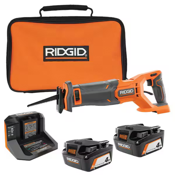 RIDGID 18V Cordless Reciprocating Saw with (2) 4.0 Ah Batteries, 18V Charger & Bag