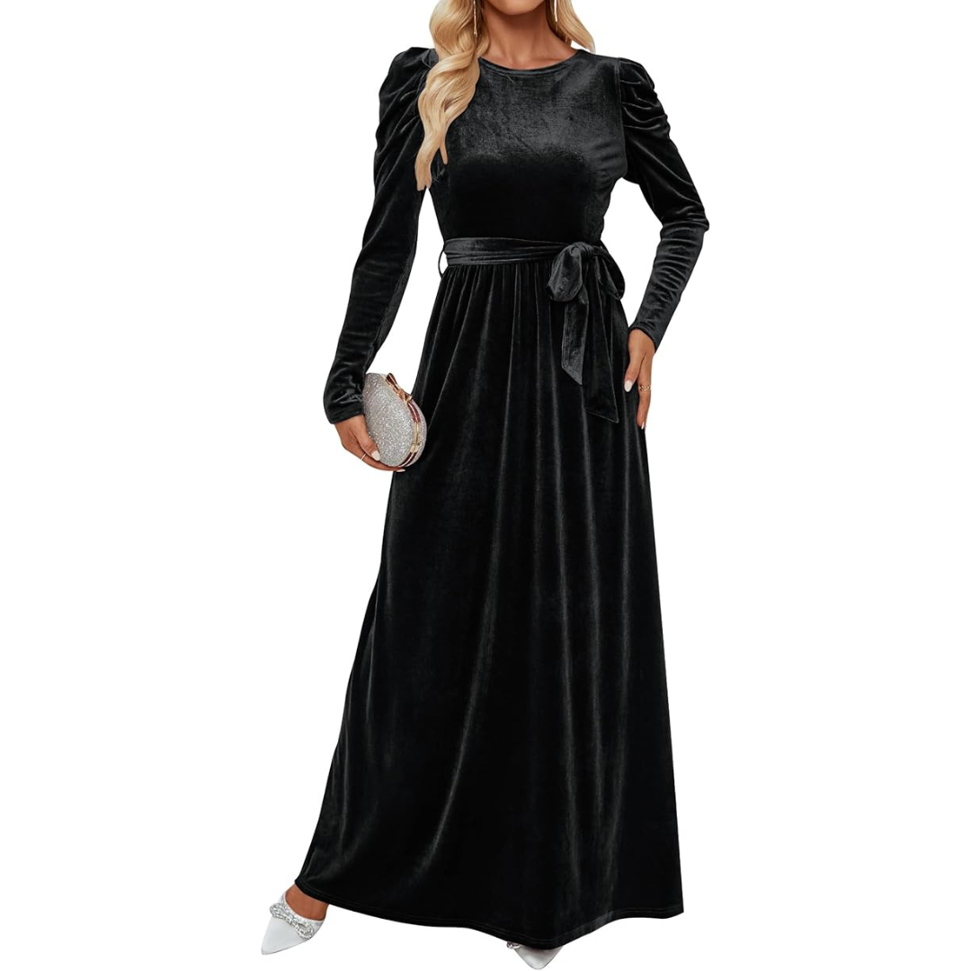 Velvet Puff-Sleeve Maxi Dress With High Waist & Crew Neck:(Various)