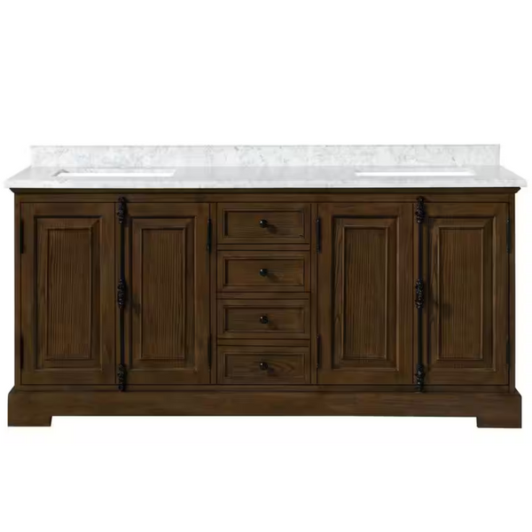 Clinton 72'' Double Sink Antique Coffee Bath Vanity W/Carrara Marble Top