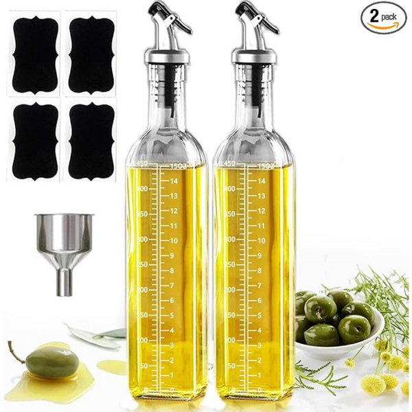 2-Pack 17oz Glass Oil Dispenser Bottle W/2 Pourers, 4 Labels & 1 Funne