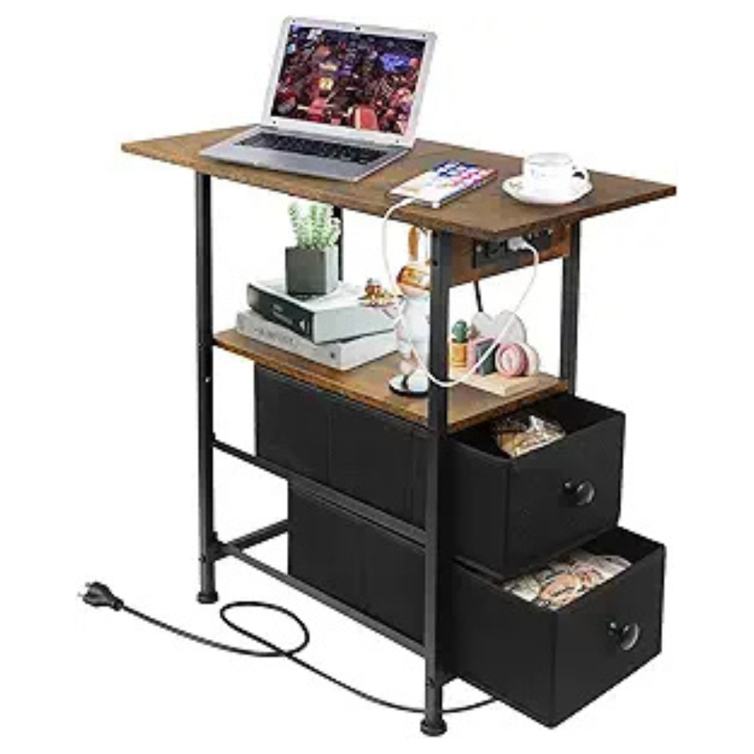 2-Drawers & Shelves End Table W/ USB Charging Station