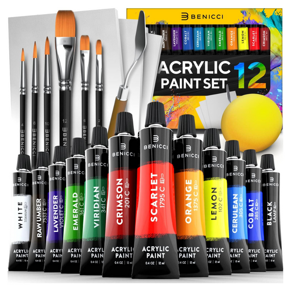 23-Pack 12х Rich Pigment Colors & 6x Art Brushes Acrylic Paint Set