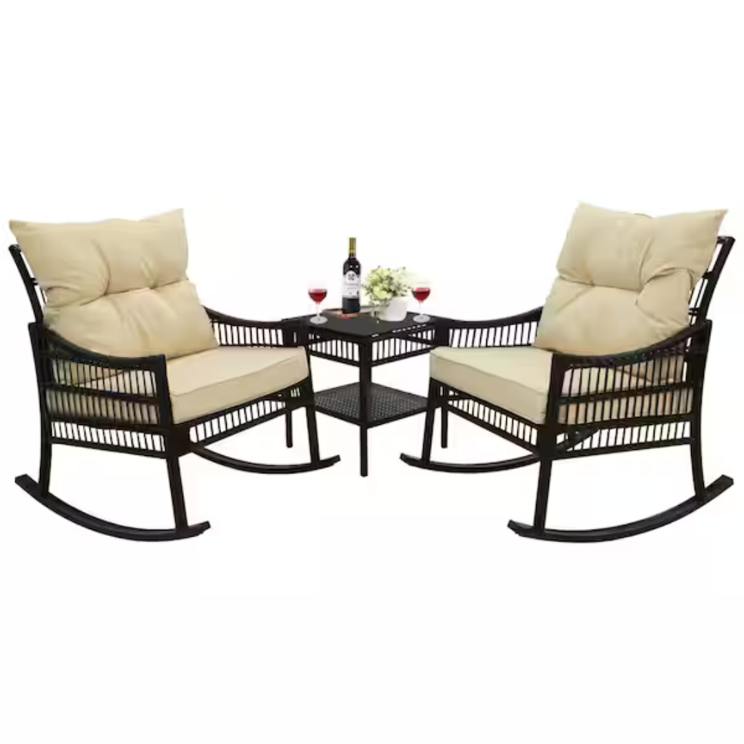 3-Piece Patio Wicker Outdoor Rocking Chair Set with Cushions & Pillows