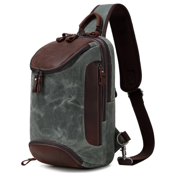 Men's Waxed Canvas Leather Shoulder Chest Sling Backpack