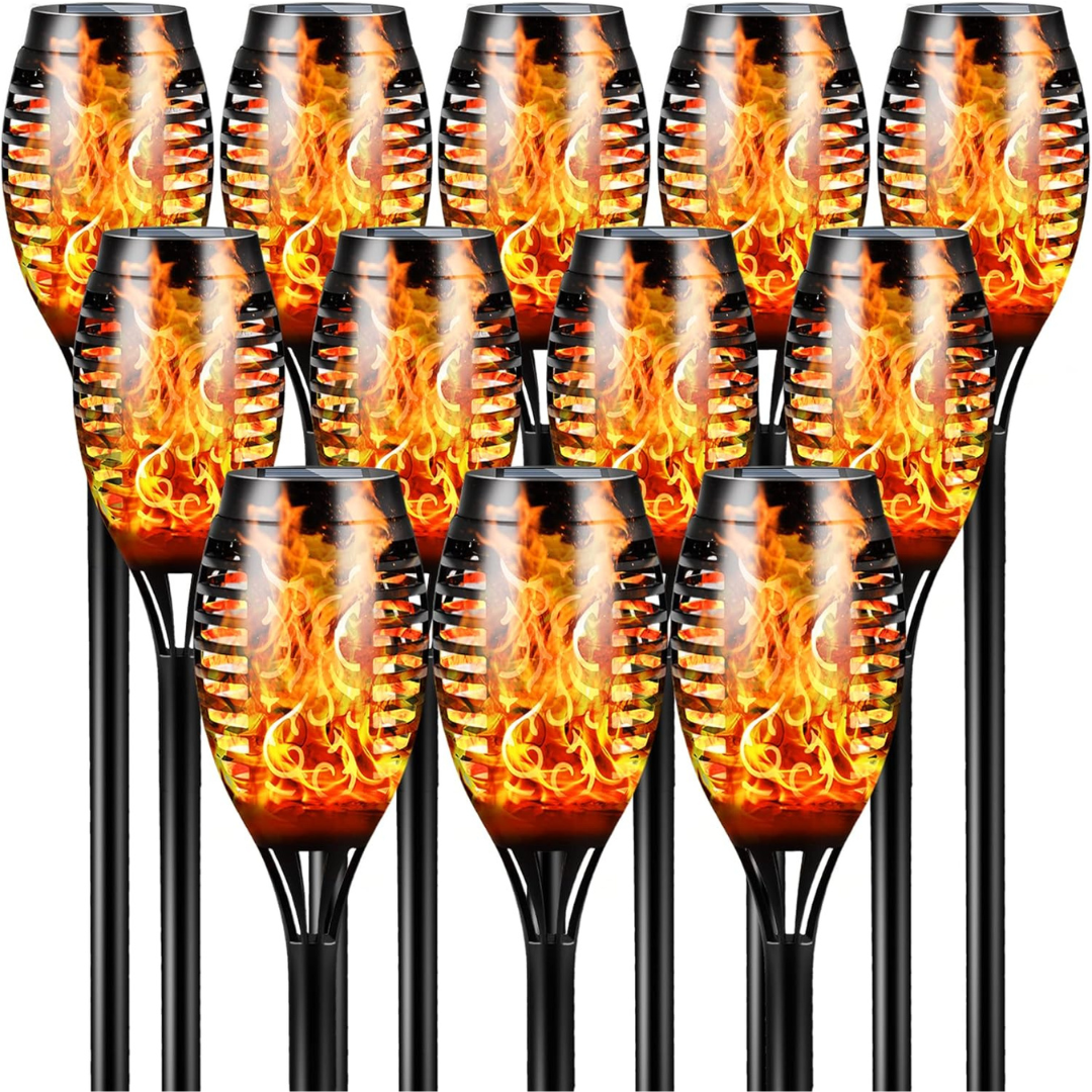 12-Pack 12 LED Solar Tiki Torch Lights with Flickering Flame