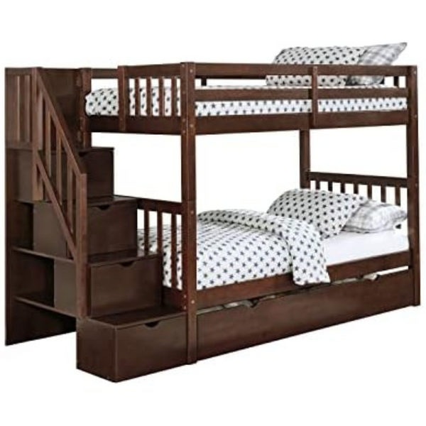 Linon Walnut Twin Kieko Stairway Bunk Bed with Hidden Storage Compartments