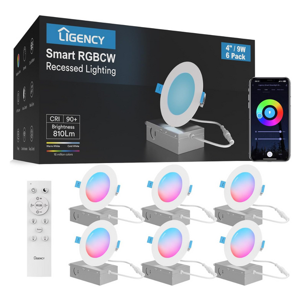 6-Pack Ligency 4'' Smart RGBCW Recessed Ultra Thin Canless Ceiling Light