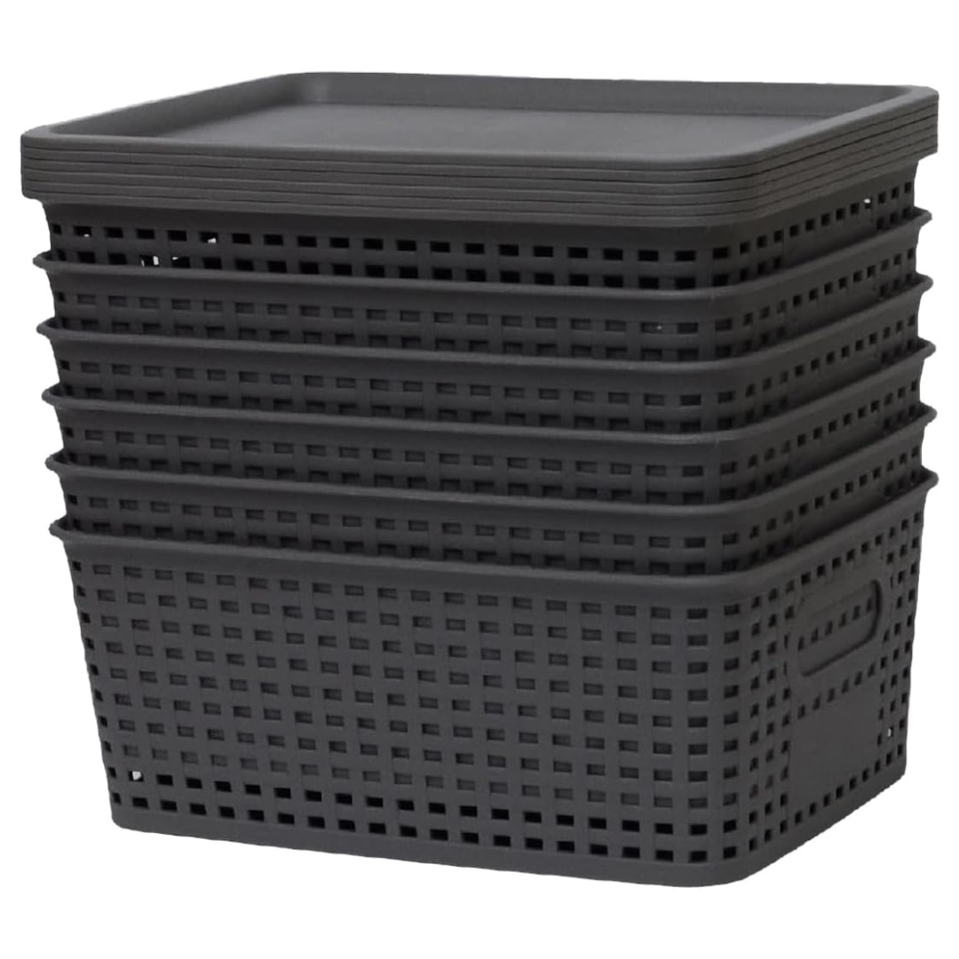 6-Pack Plastic Storage Woven Baskets With Lid