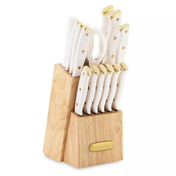 15-Piece Farberware Triple Riveted Knife Block Set (White & Gold)