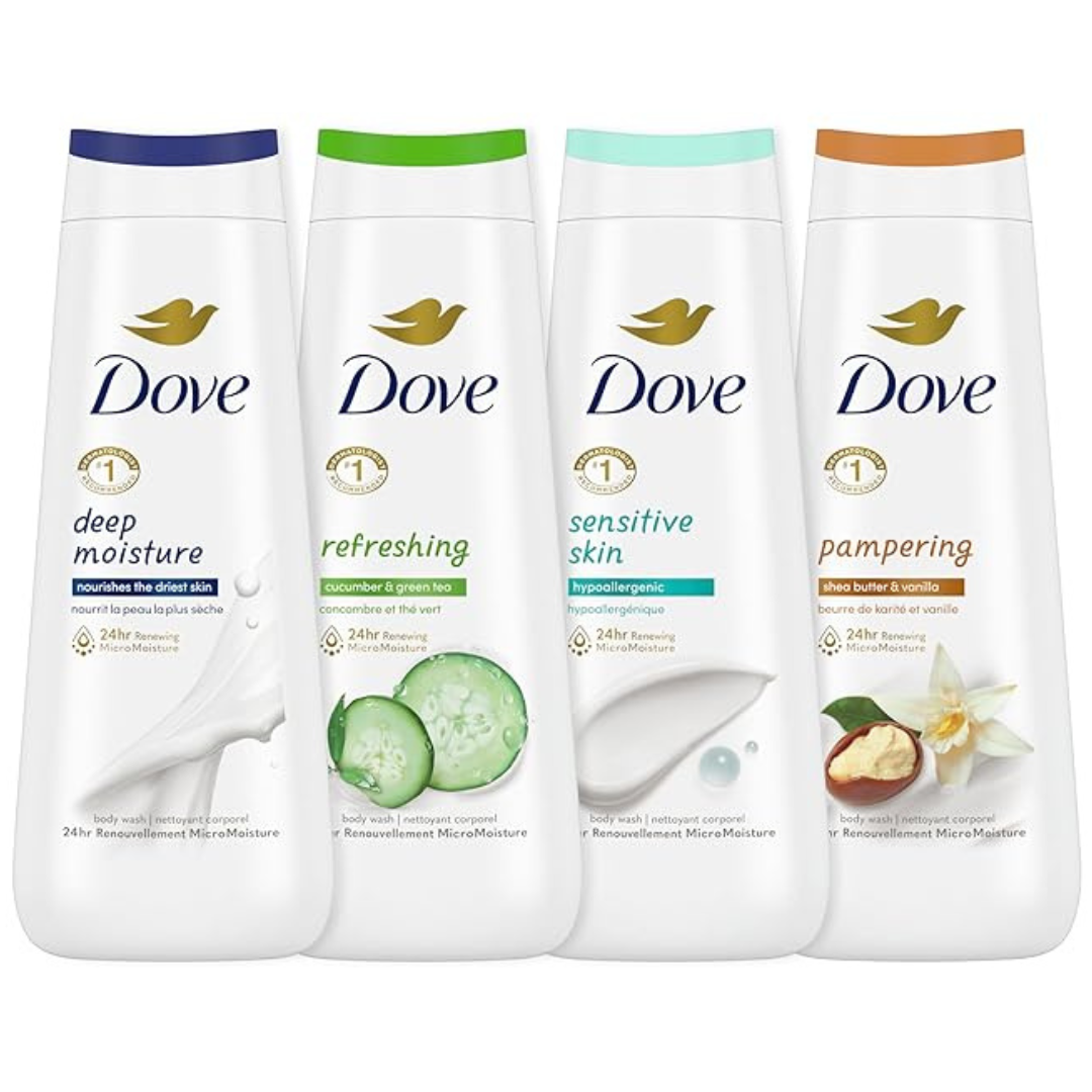 4 Bottles Of Dove Body Wash Deep Moisture (Sensitive Skin, Cucumber And Green Tea, And Shea Butter & Vanilla)