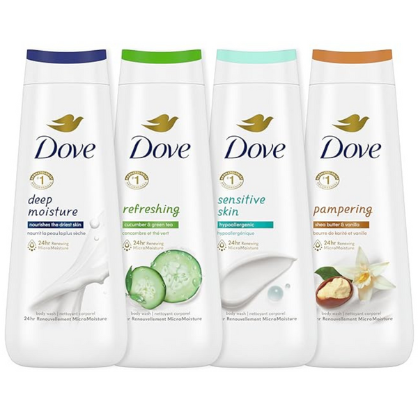 4 Bottles Of Dove Body Wash Deep Moisture (Sensitive Skin, Cucumber And Green Tea, And Shea Butter & Vanilla)