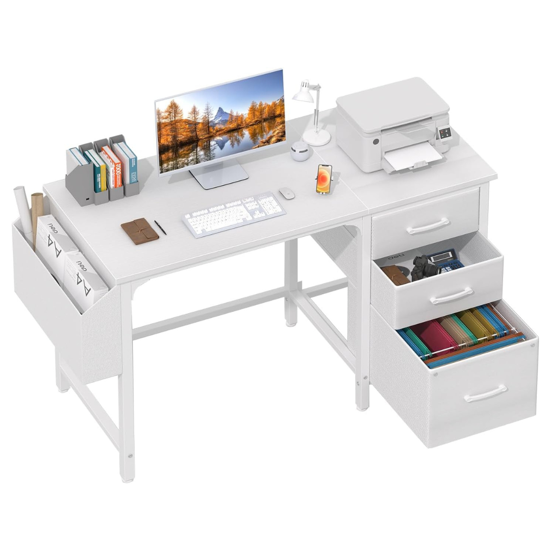 Lufeiya White Computer Desk With Fabric File Drawers Cabinet (47")