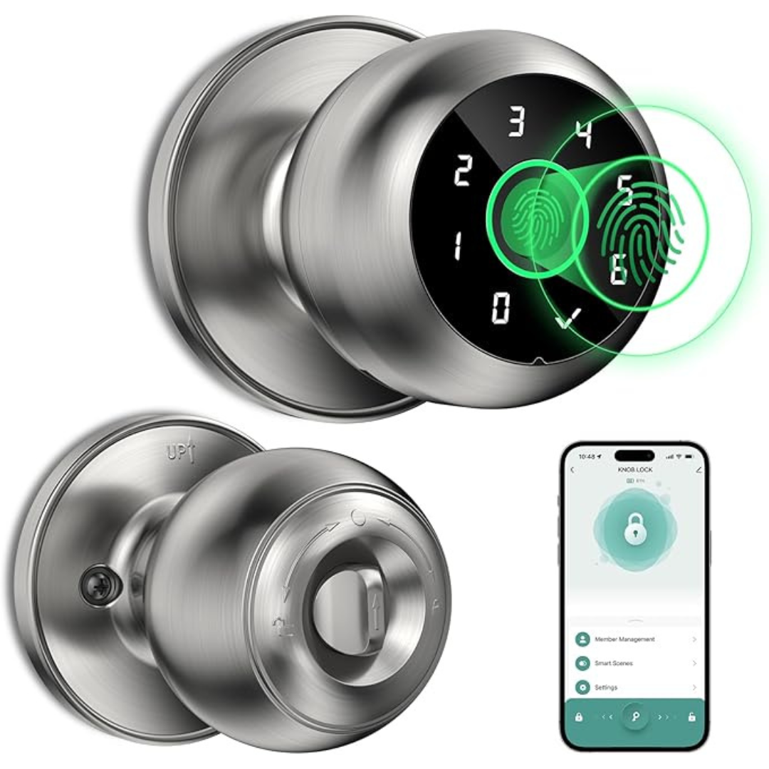 Smart Fingerprint Door Knob with Keypad, Satin Nickel