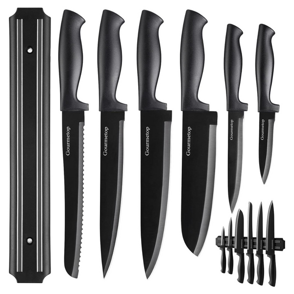 6-Piece Gourmetop Black Titanium Plated Kitchen Knife Set + Knife Holder