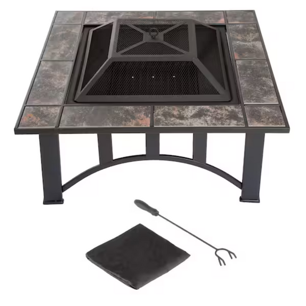 33" Square Steel Tile Fire Pit With Cover