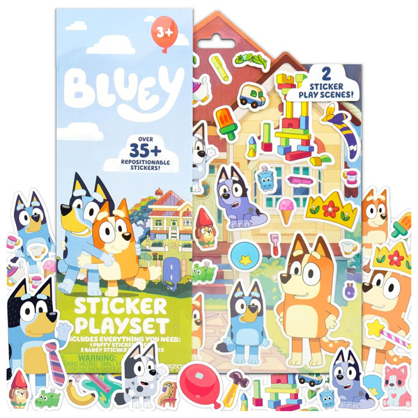 Horizon Group Bluey Sticker Playset, 2 Sticker Play Scenes, 35+ Reusable Puffy Bluey Repositionable Stickers