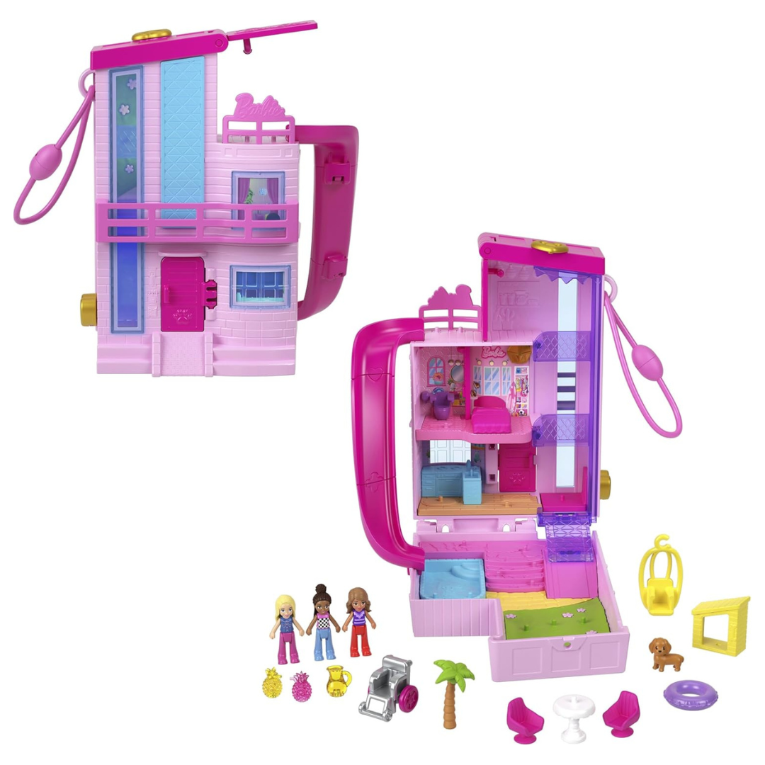 Barbie Polly Pocket Dreamhouse Compact, Dollhouse Playset With 3 Micro Dolls, 1 Puppy, 11 Accessories, Elevator & Pool